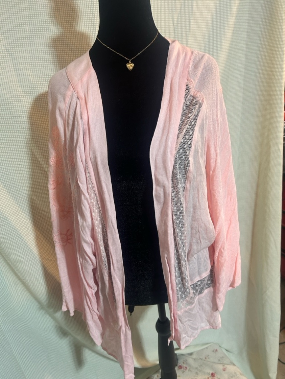 Anthropologie En Crème Pink Sheer Lace Embroidered Kimono Cardigan Boho M